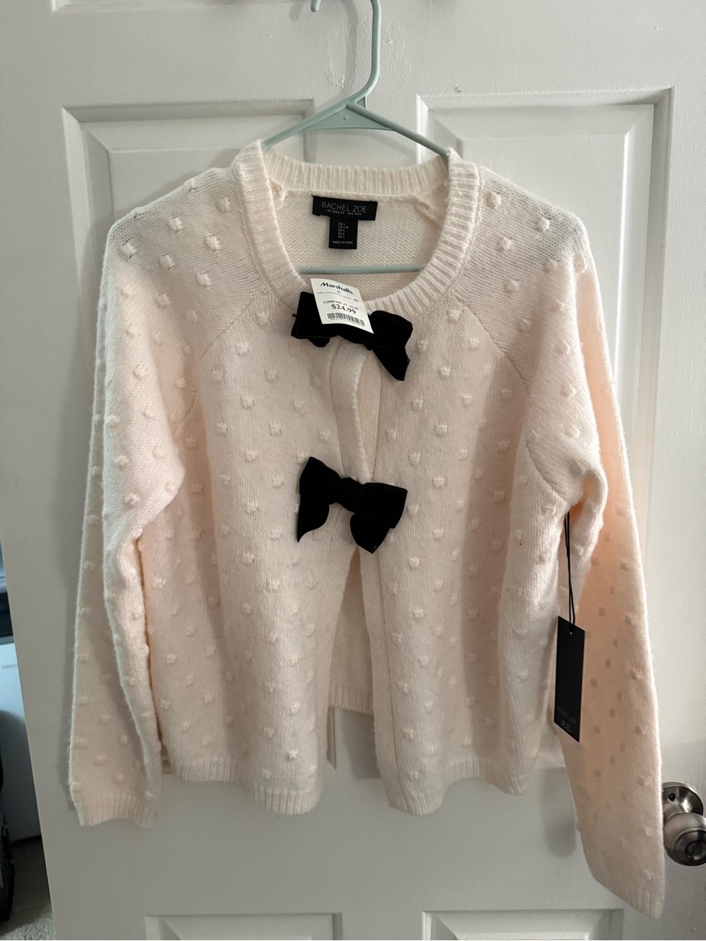 Rachel Zoe Cream Knit Cardigan with Black Bow Closures
